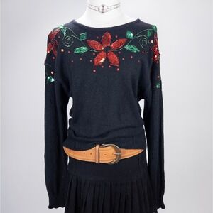 Vintage Black Silk Angora‎ Sequin Floral Sweater - 90s Holiday Knit Pullover